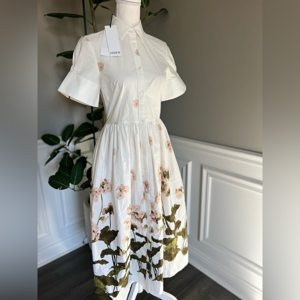 ERDEM Short-Sleeve Midi Shirt Dress in Cotton White and Green Floral 0 NWT 1345$ - Picture 9 of 14